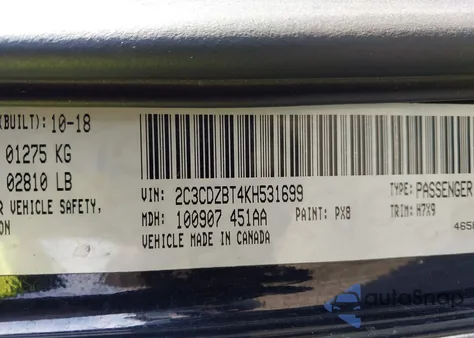 2019 Dodge Challenger R/T z USA, uszkodzony, nr VIN 2C3CDZBT4KH531699